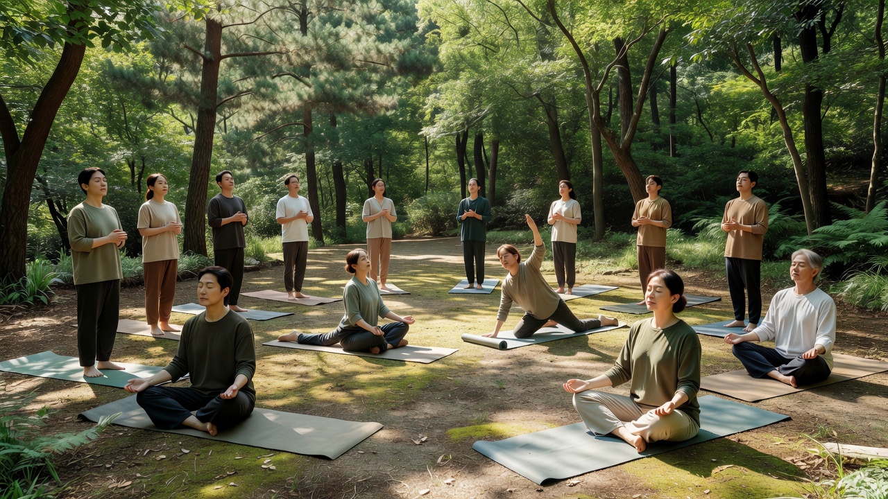자연요가를 야외에서 하는 사람들의 모습